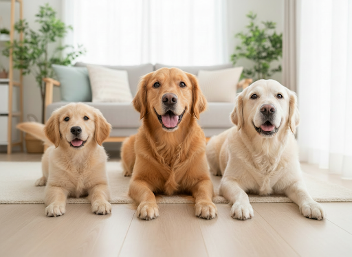 3匹並んで伏せる犬